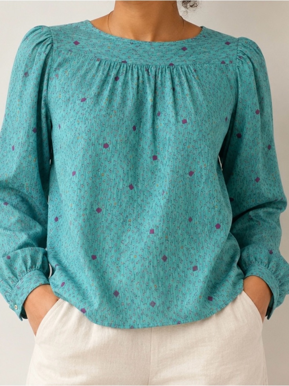 Vintage Campus Casuals Teal Geometric Puff Sleeve Blouse L